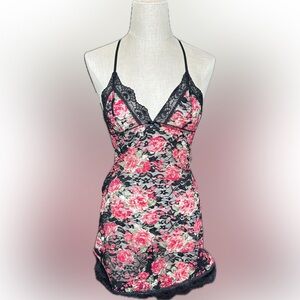 Floral Lace Chemise Slip in Black and Pink